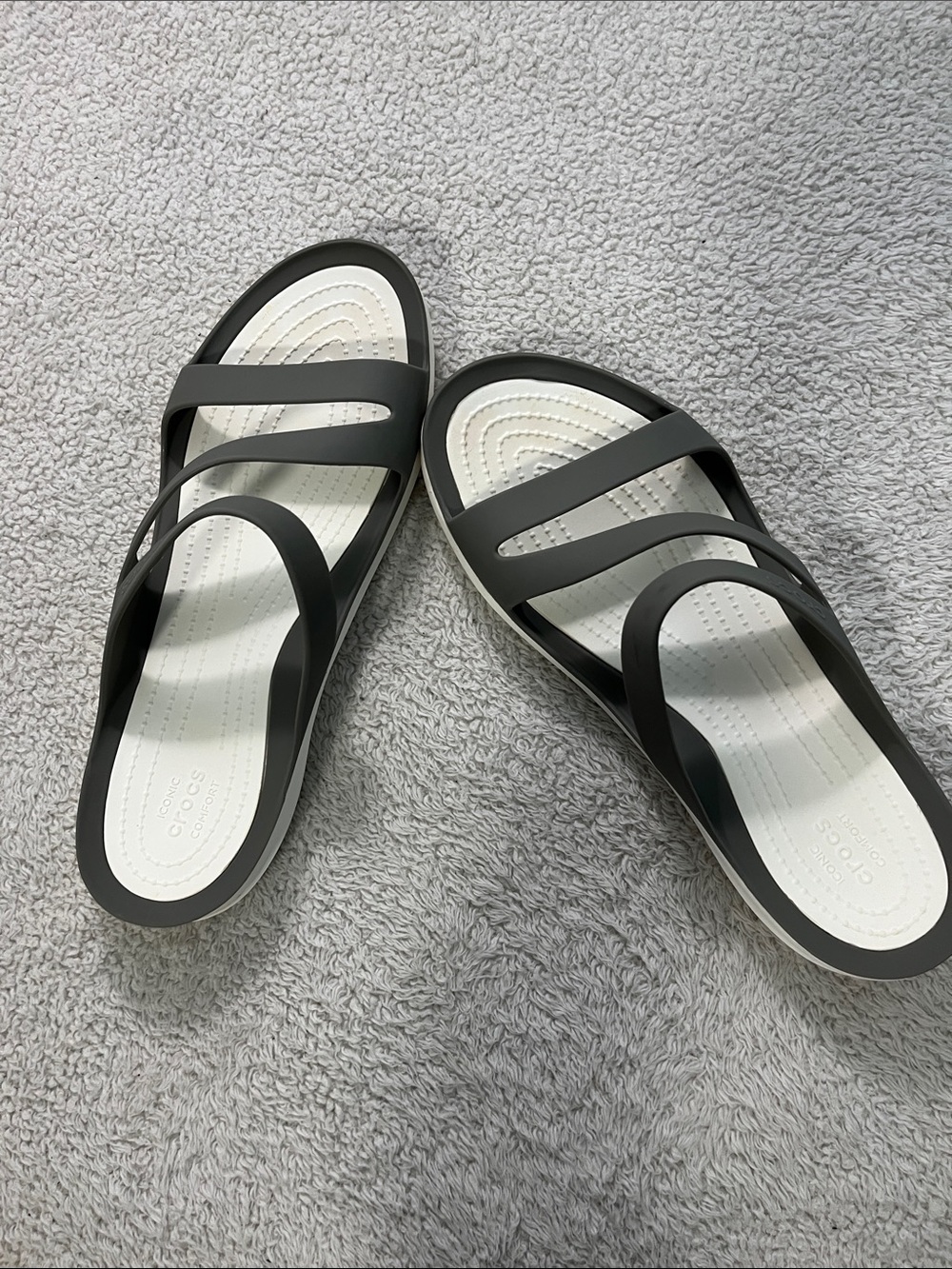 CROCS Women’s Dual-Strap Slide Sandals in Charcoal and White